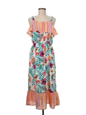 Almost Famous Floral Ruffle Midi Dress in Teal, Pink & Orange